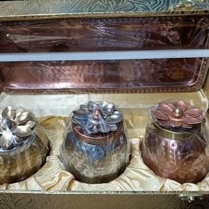 Lotus jars 3 pc set copper gold n silver with lid